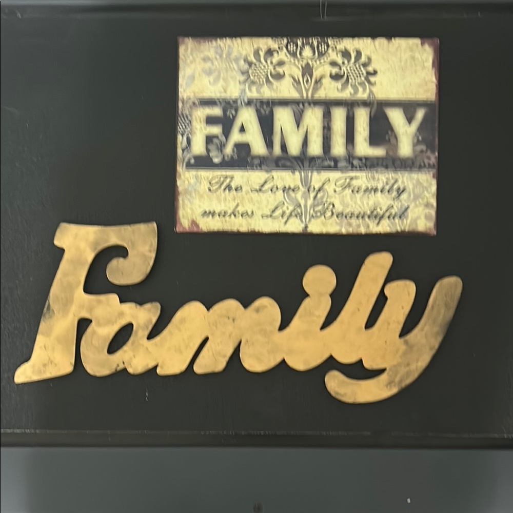 Gold Family Wall Decor Sign and a metal family sign.
